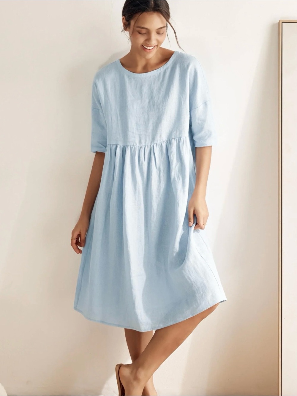 Lintico 100% Linen Light Blue A-Line Midi Dress Sz Large